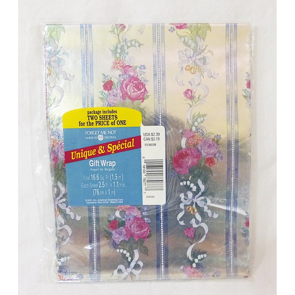 Vtg silver floral american‎ greetings gift wrap two sheets sealed cottagecore